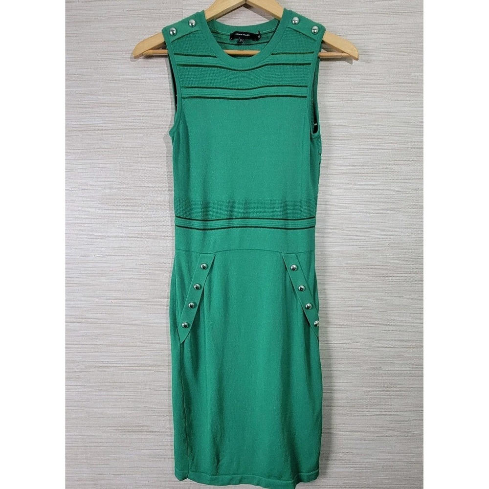 Karen Millen Women's Small Green Sleeveless‎ Knit Bodycon Dress Silver Buttons
